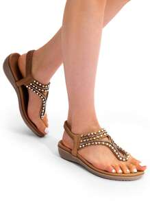Women's Comfortable Dressy Flat Sandals Rhinestone Elastic T-Strap Thong Sandals For Summer Beach - 棕色 - 查看 6