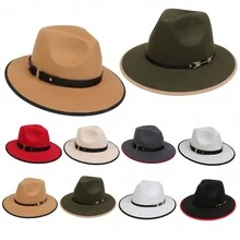 1入女性PU皮帶扣綜色毛呢斗笠巴拿馬帽牛仔帽遮陽帽，寬邊針織經典1920年代盛放時期的大西洋花紋服裝爵士帽下垂造型舞臺攝影道具旅行帽。牛仔帽女牛仔帽 - 多色 - 查看 12