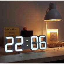 Relógio Digital 3D LED De Parede e Mesa Design Moderno Luz Noturna Decoração - Branco - Visão 2