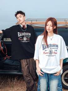 MUNZ 夏季运动单件女式复古图案宽松情侣款户外T恤，带标语印花和落肩袖 - 白色 - 查看 3