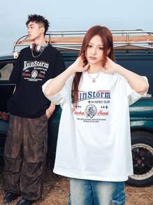 MUNZ 夏季运动单件女式复古图案宽松情侣款户外T恤，带标语印花和落肩袖 - 白色 - 查看 5