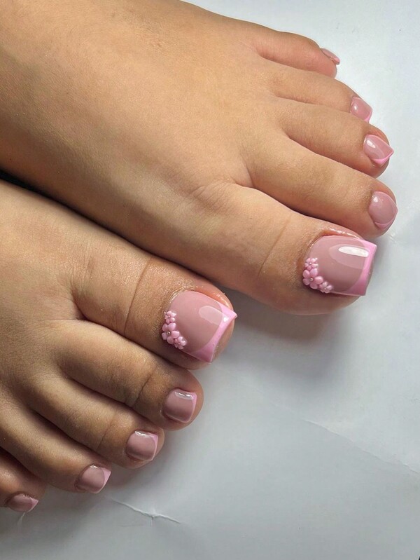 24 pezzi / set Unghie finte a forma quadrata per le dita dei piedi in rosa, stile francese, floreale bianco, perline argento e design 3D, adatto per feste, balli, uso quotidiano e unghie artistiche alla moda: Unghie adesive, forniture per unghie