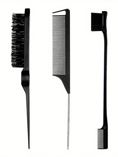 3 Pieces Hair Styling Comb Set Teasing Hair Brush Rat Tail Comb Edge Brush For Edge&Back Brushing, Combing, Slicking Hair For Women