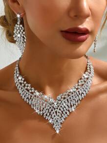 3pcs Bridal Jewelry Set, Necklace & Bracelet, With Rhinestones & Zirconia, For Wedding Dress, High-End Accessory
