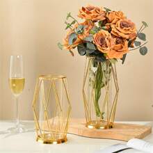 1pc Geometric Glass Vase With Metal Bracket, Crystal Transparent LInnerVase, Hand-Plated Metal Geometric Vase, Golden Color Vase DecorationFor Home Office Wedding Holiday Party Gifts Birthday Graduation Home Decor Room Decor Flower Vase