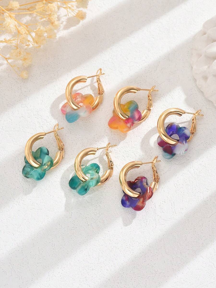 1 对新款波西米亚风格彩色亚克力花朵可拆卸吊坠耳环，设计简约甜美，适合春夏约会和派对，是适合女性情人节、妈妈、母亲、母亲节、礼物的可爱耳饰 - 花朵耳環 - 查看 1