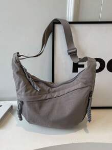 Fashionable Grey Nylon Waterproof Shoulder Bag, Casual Minimalist College Style, Wide Strap, Multiple Zippers, Suitable For Students, Commute, Shopping, Daily Use - Grey - View 3