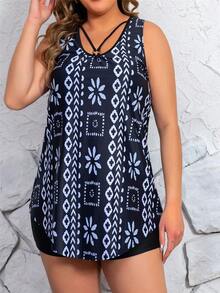 Women Plus Size Backless Tankini With High Waist Bottom, Geometric Print Tankini With Multiple Strings Connecting Iron Rings In Black And White Summer - Black - View 4
