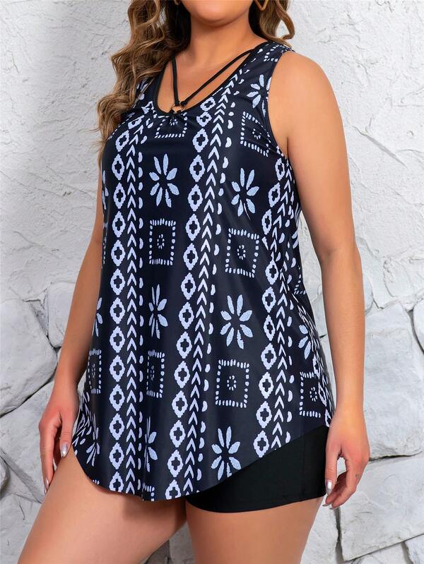 Tankini da donna taglie forti senza schienale con parte inferiore in vita alta, tankini con stampa geometrica con molteplici lacci che collegano anelli in ferro, in bianco e nero per l'estate