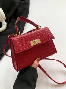 Fashionable Mini Metallic Alligator Pattern Crossbody & Handbag With Flip Lock Twist Closure - Burgundy - View 8