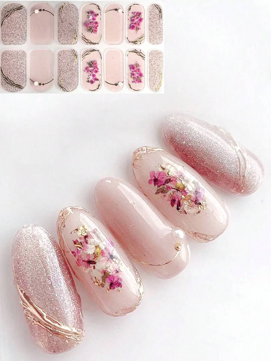 14pcs Pink Floral 3d Nail Art Stickers With Rhinestone Decoration DIY - Multicolor - View 1