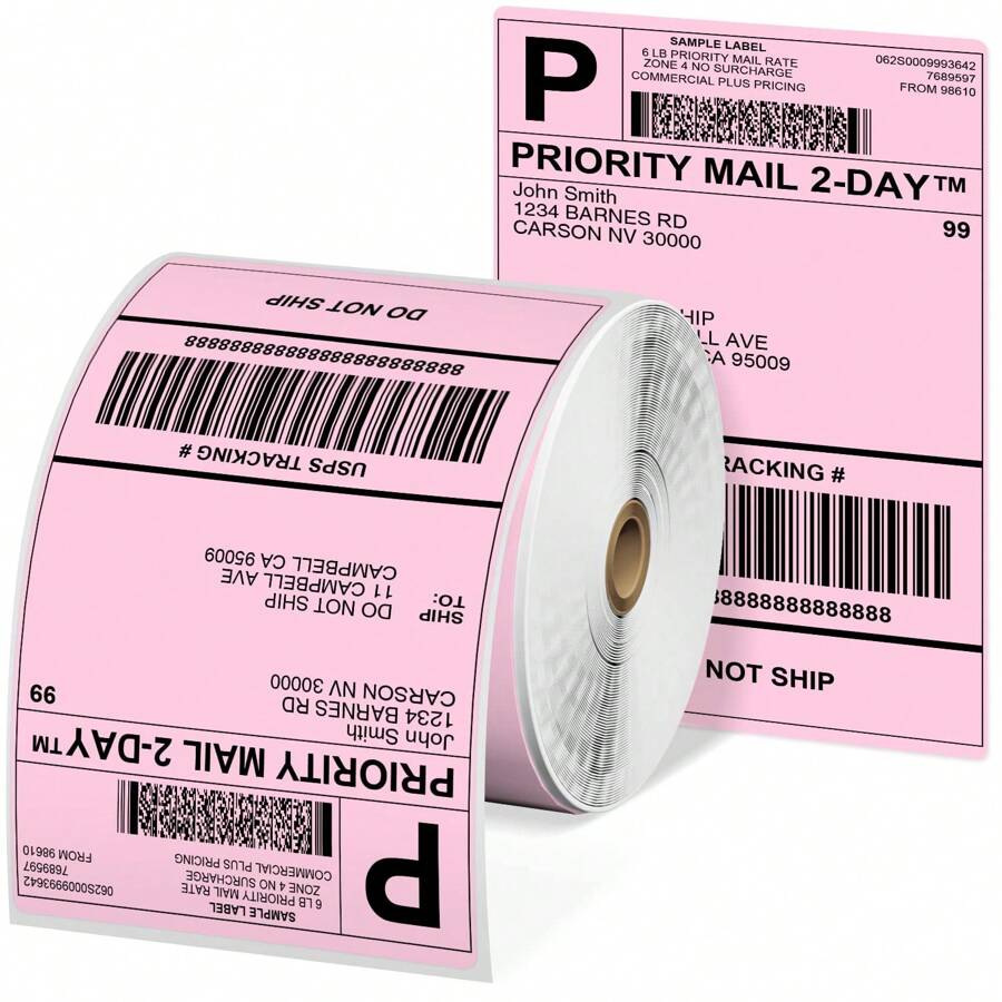 Cuộn nhãn dán 4x6 cho máy in nhãn nhiệt - Nhãn vận chuyển màu hồng 500 chiếc - Nhãn máy in nhiệt cấp thương mại dành cho vật tư doanh nghiệp nhỏ - Giấy in nhiệt 4x6 chống nước/chống dầu - Hồng - Xem 1