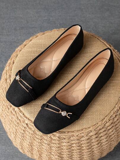 Women's Fashion Square Toe Low Vamp Bowknot Flat Shoes, Black, Casual & Versatile, Everyday Wear For Autumn