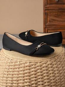 Chaussures plates femme mode carré orteil bas avec nœud papillon, noire, décontractée et polyvalente, porter tous les jours en automne