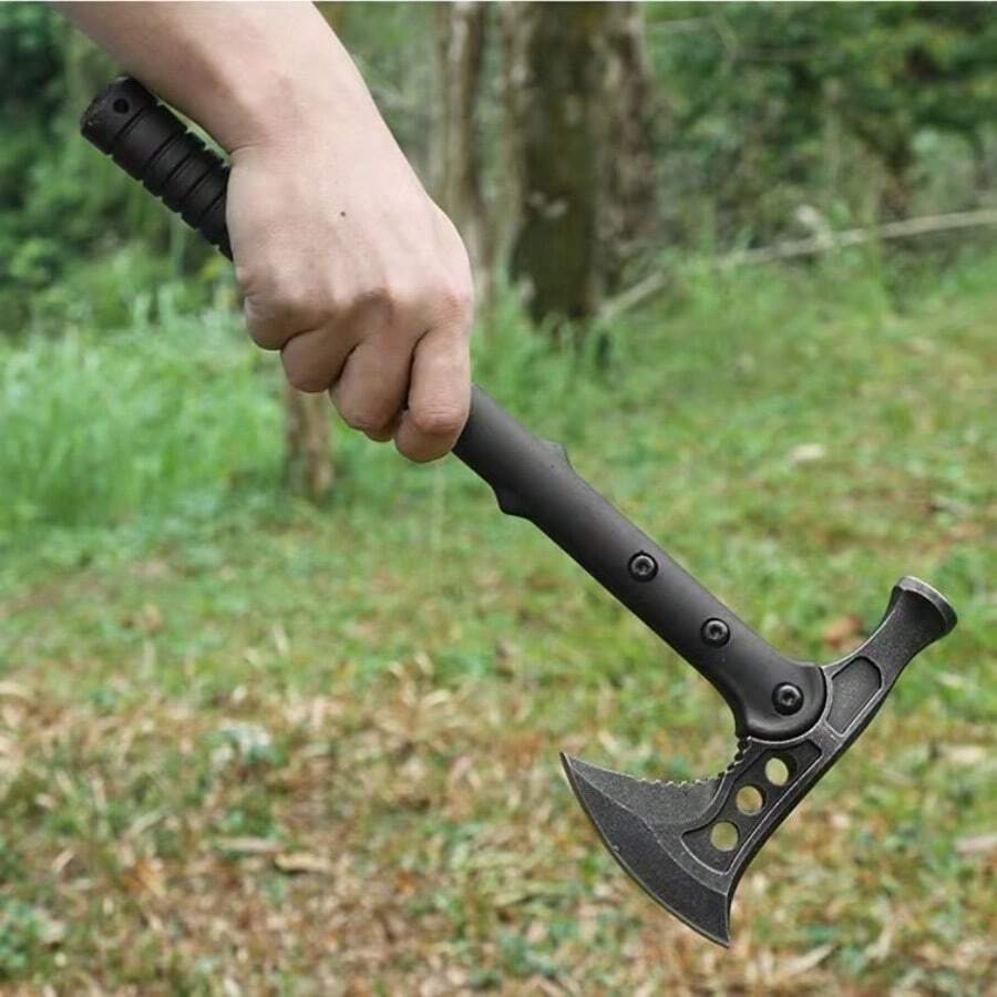 1 件高锰钢户外多功能求生斧，尖头野营手斧，胡椒斧，带锤头的多用途斧 - 黑色 - 查看 1