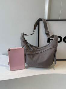 Fashionable Grey Nylon Waterproof Shoulder Bag, Casual Minimalist College Style, Wide Strap, Multiple Zippers, Suitable For Students, Commute, Shopping, Daily Use - Grey - View 4