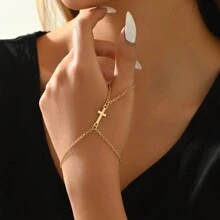 1 件金色十字心形、人造珍珠和玻璃水钻连接手指手链，适合海滩度假情人节、妈妈、母亲、母亲节、礼物 - 金黃色 - 查看 4