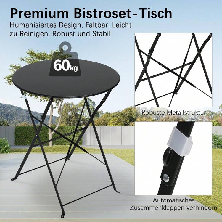 Balcony Furniture Set 3 Pieces, Balcony Set 2 Folding Chairs 1 Folding Table, Bistro Garden Furniture Set, Balcony Set Metal, Folding Garden Furniture Set For Balcony, Patio And Gardens - Black - View 5
