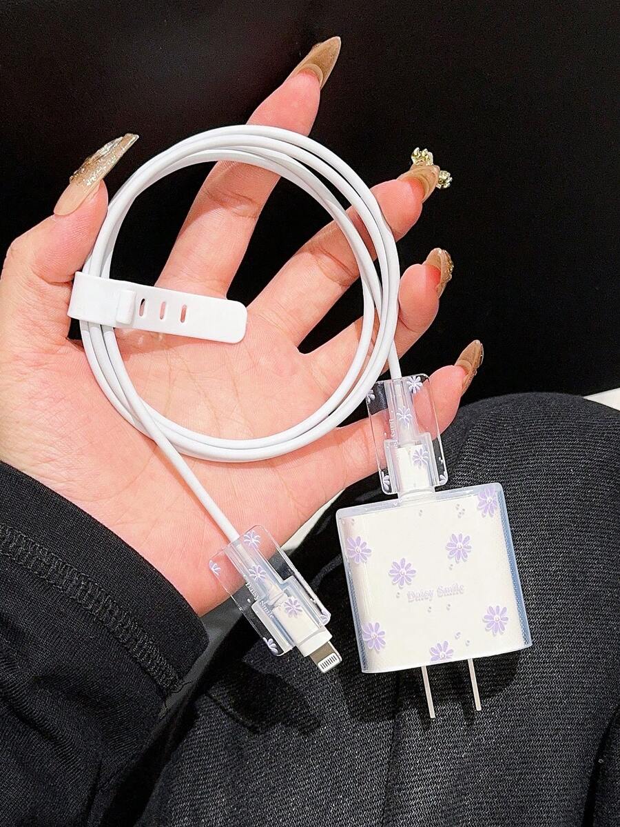 Full Screen Purple Flowers Trendy Transparent Phone Case + Charger