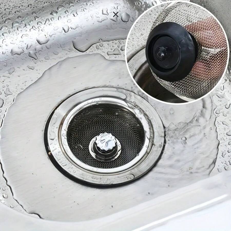 2pcs Kitchen Sink Strainer With Handle & Stopper Replacement Sink Drain Basket Stainless Steel Mesh Filter Strainers Waste Hole Trap For Hotels&Restaurant Kitchen - Silver - View 1