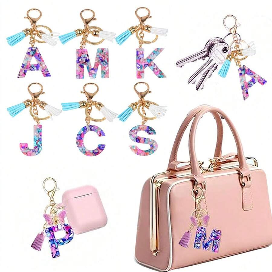 1 件紫色字母 A-Z 钥匙扣，适合母亲节礼物，女士钱包手提包树脂字母首字母吊坠带流苏生日毕业礼物，返校情人节