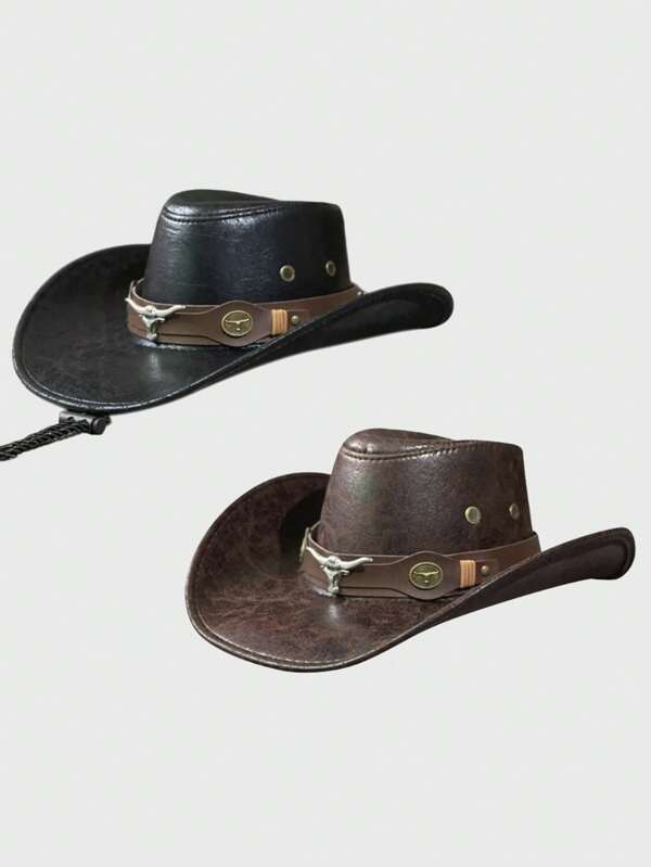 1pc Unisex Vintage-Style Solid Color PU Fedora Hat With Bull-Shaped Decor, Windproof Rope, Suitable For Daily Casual Wear, Western Cowboy Parties, Festivals, Etc. Halloween