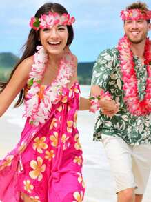 4 PC/Set Summer Boho Hippie Cute Pink Hawaii Flower Leis Women Men Tropical Floral Leis Crown Hawaiian Luaus Party Surfer Hairpin Flower Garland Hairbands Bracelet Set Suitable For Men Women Headband Beach Pool Birthday Parties Decorations Party Favors Music Festival Party, Beach Vacation,Wedding Party,Graduation Celebration ,Hair Accessoires