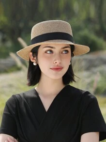 1頂女士FARWAYNE法式扁頂防曬草帽，適合海灘度假，適用於戶外活動以阻擋紫外線 - 彩色 - 查看 2