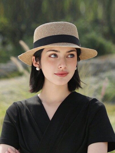 1pc Women FARWAYNE French Style Flat Top Sun Protection Straw Hat, Beach Vacation Sunhat, Suitable For Outdoor Activities To Block UV Rays