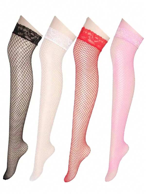 Conjunto de 4 pares de medias de verano delgadas con encaje de malla en múltiples colores, medias de red sexys para mujeres