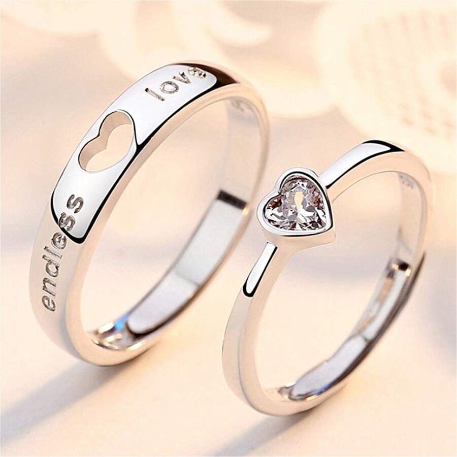 2 Miếng Xu hướng: Cắt giảm Đồng & Zirconia Dát Tim Love Cặp đôi Nhẫn - Nhiều màu - Xem 1