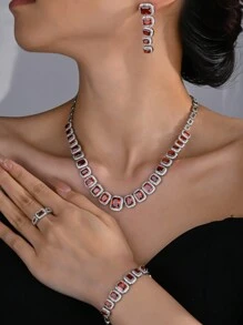 豪華珠寶紅藍綠微鑲正方形立方氧化鋯套裝,包括項鍊、耳環、手鍊和戒指,4件套,新娘派對珠寶套裝,婚禮禮物 - 石榴紅方形 - 查看 2