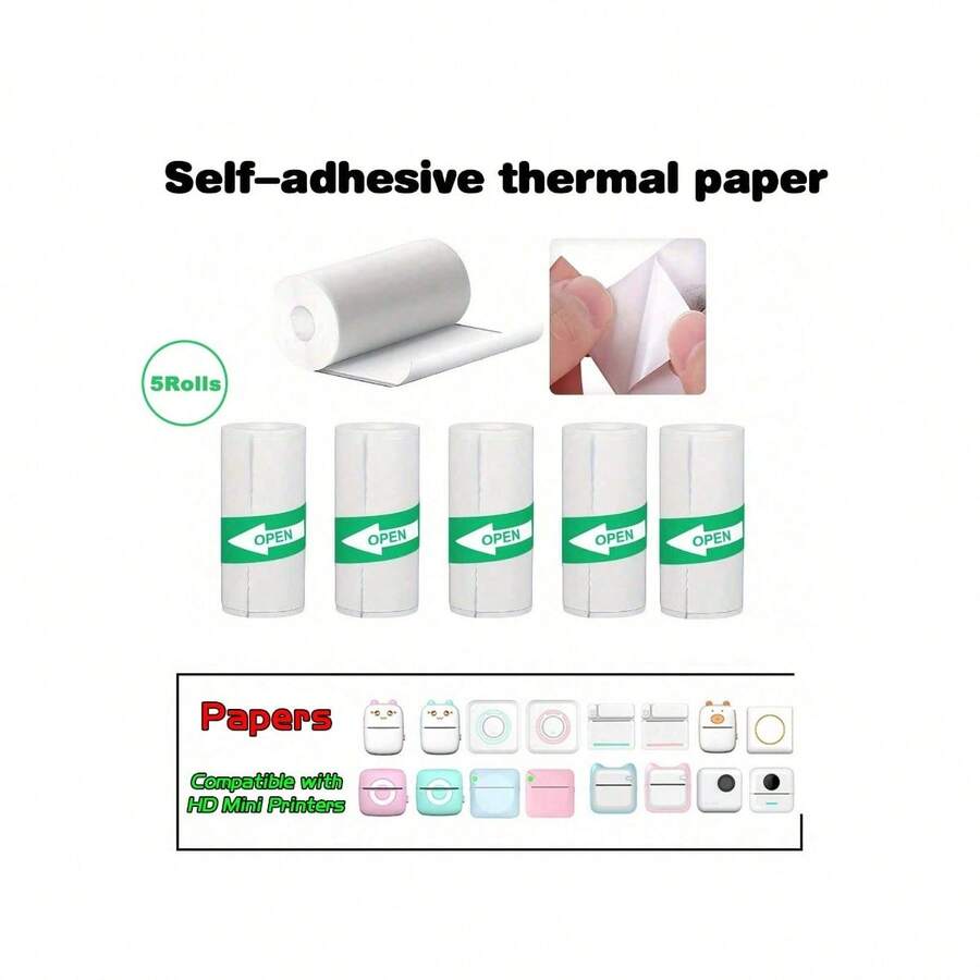 Printable Adhesive Paper, 5 Pieces Mini Printer Paper Rolls, Thermal Receipt Paper Rolls, For Mini Pocket Thermal Printer - White - View 1
