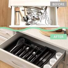 1入組餐具收納盒-可擴展廚房抽屜收納盒，可調節餐具收納盒，刀叉收納盒，多用途廚房收納盒和儲物解決方案，黑色 - 黑色 - 查看 11
