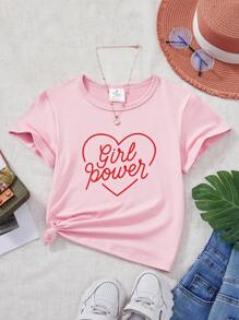 Heart Slogan Print Short Sleeve T-Shirt For Young Girls - Pink - View 1