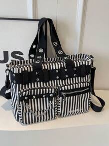 复古条纹大容量手提包，热辣女孩酷朋克 Y2K 单肩包，女士铆钉装饰斜挎包和手提包，多功能多口袋纯色户外旅行挎包，休闲日常通勤斜挎购物包，音乐节的完美选择，适合学校的单肩包 - 彩色 - 查看 2