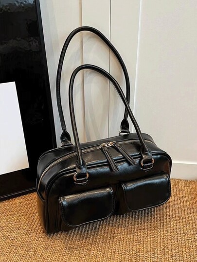 Black Stylish Motorcycle Style Armpit Shoulder Bag With Multiple Pockets For Work & Commuting, Street & Japanese Bag For Women