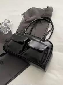 黑色时尚机车风腋下斜挎包，多口袋设计，适合工作通勤、街头穿搭和日系风格，女性必备单品 - 黑色 - 查看 8
