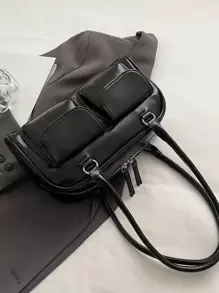 黑色时尚机车风腋下斜挎包，多口袋设计，适合工作通勤、街头穿搭和日系风格，女性必备单品 - 黑色 - 查看 6