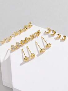 2入組 新款時尚立體氧化鋯心形裝飾開口式耳環,適用於女性、情侶、情人節禮物和母親節禮物,款式包括蜻蜓、兔子、心形、蝴蝶、月亮、海豚、大象和飛機 - 金色 - 查看 12