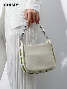 CHISIY 手工珍珠优质编织绿色面料和仿皮革肩带可拆卸拉链手提包，简约别致的设计适合女性、大学生、朋友、旅行和夏季街头穿着 - 綠色 - 查看 2