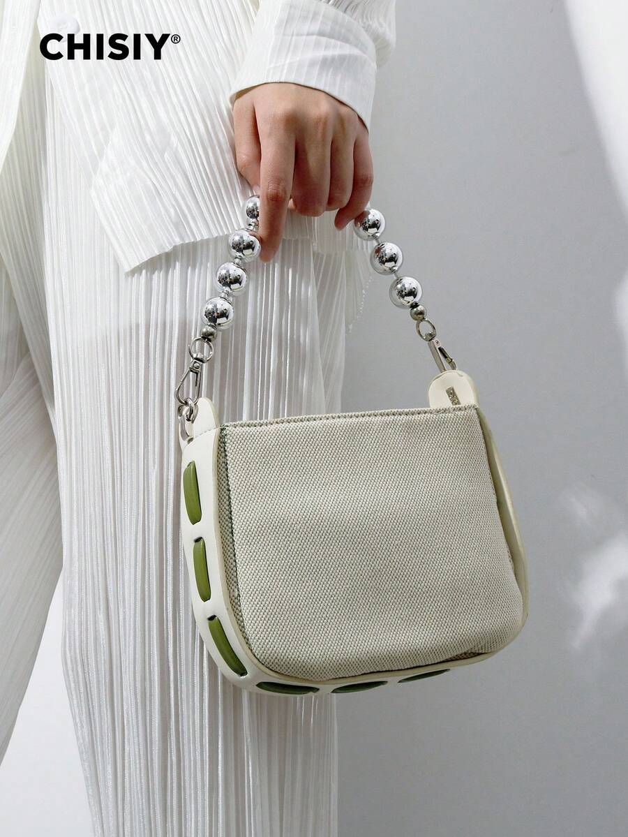 CHISIY 手工珍珠优质编织绿色面料和仿皮革肩带可拆卸拉链手提包，简约别致的设计适合女性、大学生、朋友、旅行和夏季街头穿着