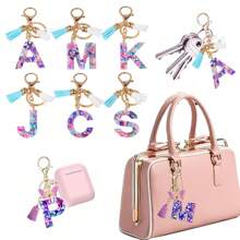1 件紫色字母 A-Z 钥匙扣，适合母亲节礼物，女士钱包手提包树脂字母首字母吊坠带流苏生日毕业礼物，返校情人节
