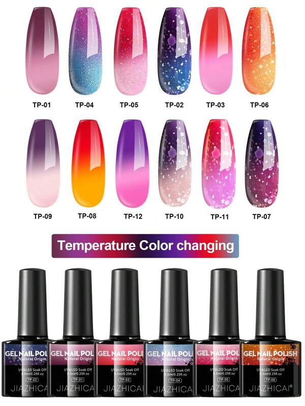 8.5ml/3PCS Color Changing Gel Nail Polish 12 Colors,  Temperature Mood Changed Glitter Purple Nude Pink Soak Off Nail Art Design Kit Manicure DIY At Home  Gifts For Women Girls Nail Supplies