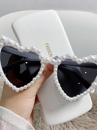 1 件新娘时尚复古心形仿珍珠镜框女士猫眼眼镜时尚海滩派对装饰眼镜