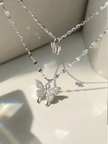 1件精致女士珠宝，新潮流S925银双层蝴蝶吊坠项链，简约清新风格，INS锁骨链，送给女朋友生日的完美礼物 - 銀色 - 查看 9