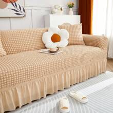 1pc Solid Color Bubble Gauze Elastic All-Inclusive Sofa Cover With Lace, Dustproof And Scratch Resistant
