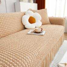 1pc Solid Color Bubble Gauze Elastic All-Inclusive Sofa Cover With Lace, Dustproof And Scratch Resistant