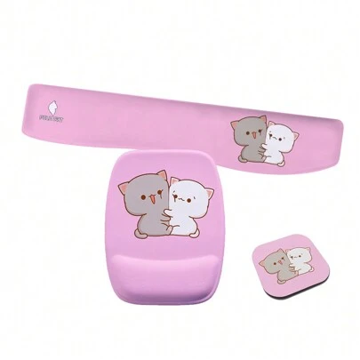 Kit Mouse Pad e Apoio de Teclado Ergonomico Cats Gatos Kawaii Rosa