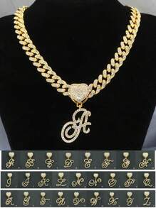 1pc 13mm Width European And American Hiphop Style Grass Style Alphabetic Pendant Necklace, With Heart Buckle And Full Rhinestone Chain Decoration Valentines,Mom,Mother,Mother's Day,Gift